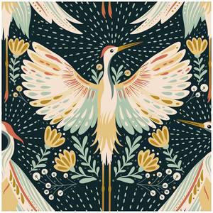 lot 676 image: HAOKHOME Crane Wallpaper Peel and Stick Boho Floral Bird Dots Wall Paper Japanese Chinoiserie Dark GreenBeigeYellow Accent Wall Decor 17.3in x 32.8ft - Retail $47