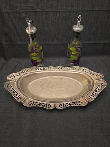 lot 3746 image: Hand Painted Grape Pattern Oil and Vinegar Bottles with Decorative Metal Serving Tray