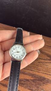 lot 40628 image: Womens Stainless Steel Quartz Watch with Black Leather Strap