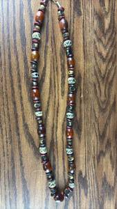lot 40679 image: Tibetan Dzi Bead Necklace with carved wooden beads