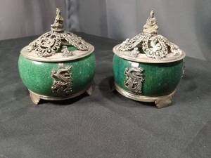 lot 4858 image: Chinese Green Jade Silver Dragon Incense Burners with Buddha Finial