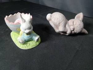 lot 4893 image: Easter Bunny Ceramic Basket with Sleeping Rabbit Figurine Set