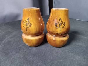 lot 40877 image: Wooden Salt and Pepper Shakers with Maple Leaf Design