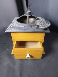 lot 40894 image: Cast Iron Top Coffee Grinder with Wood Base
