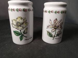 lot 40911 image: Ceramic Salt and Pepper Shakers with Botanical Flower Design