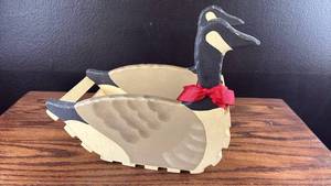 lot 40710 image: Handcrafted Wooden Canada Goose card holder with Red Ribbon