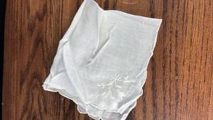 lot 40725 image: White Linen Handkerchief with Embroidered Floral Design
