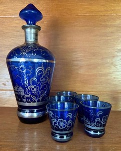 lot 1 image: Vintage Cobalt Blue wSilver Overlay Decanter and Cordial Cups Set