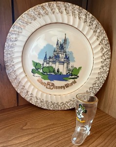 lot 32 image: Vintage Walt Disney World Plate & Mickey Glass Boot Shot Glass