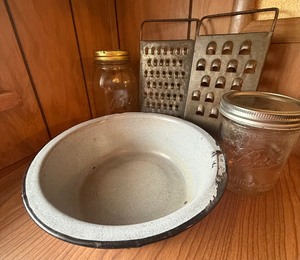 lot 36 image: Vintage Kitchen Lot w Enamel Bowl, Graters & Mason Jars