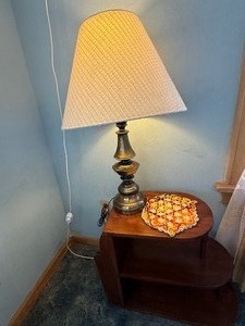 lot 55 image: Vintage Wood Magazine Rack End Table & Brass Tone Lamp
