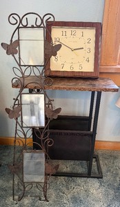 lot 56 image: Decor Lot w Vintage Micronta Clock, Butterfly Frames & Side Table