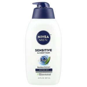 lot 57260 image: Nivea Men  Sensitive 3 in 1 Body Wash  Bamboo Extract  30 fl oz (887 ml) - Retail $19