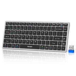 lot 57290 image: Bluetooth Keyboard Rechargeable, 4-Device (2.4G3BT) Wireless Keyboard, Ultra-Slim Quiet Typing, 14 Hotkeys Computer Keyboard for PCLaptopSmart TVTabletiPad - Retail $22