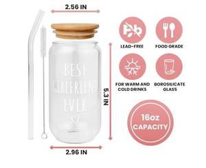 lot 57314 image: Gifts for Girlfriend - Girlfriend Gifts for Women - Anniversary, Valentines Day, Birthday, Christmas Gift for Her - Romantic Love Gift Ideas for Her - 16 Oz Can Glass with Lid, Straw & Brush - Retail $12