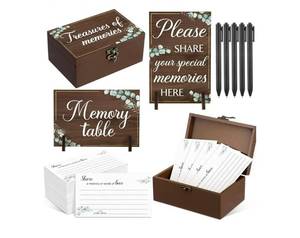 lot 57320 image: 112 Pcs Celebration of Life Memory Cards Set Share a Memory Cards with Box 2 Wood Sign with 4 Hold and 5 Pens, Sympathy Memorial Gifts Funeral Keepsake Decorations(Eucalyptus Leaves) - Retail $15
