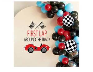 lot 57330 image: First Lap Around the Track Decoration - First Lap Around the Track Decal Sign, Race Car 1st Birthday Party Decor Backdrop Sticker for Balloon Garland Arch Kit Backdrop ( balloons are not included) - Retail $10