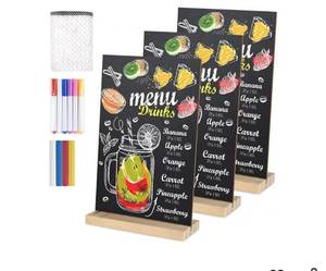 lot 57340 image: 3 Packs 8 x 12 Inch Tabletop Chalkboard Sign With Wood Base - Double-Sided Message Boards Menu Stand for Kitchen, Wedding, Bar and Restaurant - Retail $15