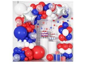 lot 57363 image: Red White and Blue Balloon Garland Arch Kit - 141 Pcs 4th of July Balloons Arch Kit for Patriotic Birthday Nautical Baseball Graduation Theme Decorations with Star Foil Balloons - Retail $11