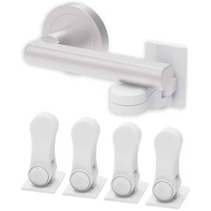lot 57373 image: Child Proof Door Lever Lock (4-Pack) - Door Handle Lock - 3M Adhesive - Minimalist Design - No Drilling Child Safety Door Handle Locks - Retail $17