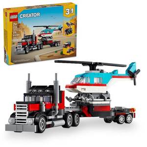 lot 57384 image: LEGO Creator 3 in 1 Flatbed Truck with Helicopter Toy  Transforms from Flatbed Truck Toy to Propeller Plane to Hot Rod and SUV Car Toys  Gift Idea for Boys and Girls Ages 7 Years Old and Up  31146 - Retail $29