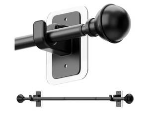 lot 57390 image: No Drill Curtain Rods for Window 28 to 47 Inches, 58 Inch Diameter Renter Friendly Drapery Rod with Adhesive Brackets without Drilling, Adjustable from 27 to 52 Inches, Black - Retail $15