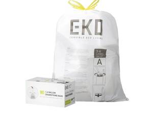 lot 57391 image: EKO 1.6 Gallon  3-6 Liter, 80 Count Small Drawstring Trash Bags, Extra-Strong Unscented Garbage Bags, Easy-Dispense Roll for Kitchen & Household Use, Resists Tears, Leaks and Punctures, Code A, White - Retail $8