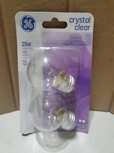 lot 57392 image: GE Incandescent 25-Watt Light Bulbs  Crystal Clear Decorative Mini Globe  G16.5  E26 Medium Base  1-Year Life  2pk - Retail $7