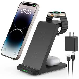 lot 57396 image: Wireless Charging Station, 3 in 1 Fast Wireless Charger Stand for Multiple Devices Apple Watch Ultra Series 11 10 9 8 7 6 SE 5 4 3 2, iPhone 17 16 15 14 13 12 11 Pro MaxPlusAirXXSXR, Airpods Pro - Retail $32