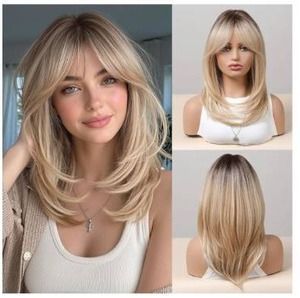 lot 57402 image: 16 Inches Long Straight Blonde Layered Synthetic Hair Wigs for Women with Dark Roots for Daily Party Use - Retail $25