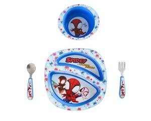 lot 57435 image: The First Years Spidey and His Amazing Friends Toddler Dinnerware Set - Toddler Plates and Toddler Utensils - Dishwasher Safe Toddler Feeding Supplies and Kids Utensils - 4 Count - Retail $15
