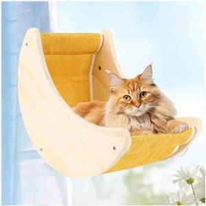 lot 57492 image: Cats Window Beds Moon Perches Seat for Indoor Cat, Wooden Moon Cat Hammock Shelves Mounted with Cushion & Suction Cups - Retail $28