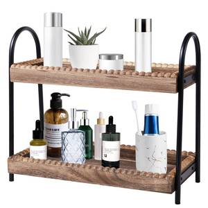 lot 57495 image: Bathroom Countertop Organizer, 2 Tier Vanity Organizer and Storage for Cosmetic Skincare Perfume, Wood Bead Storage Shelf for Bathroom Kitchen Coffee Station - Retail $24
