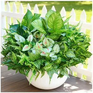 lot 57498 image: Artificial Plants Outdoor, UV Resistant Fake Greenery Stems with Large Shrubs Faux Plastic Plant for Outside Front Porch Planters Garden Window Box Patio Decor(Pot Not Included) - Retail $30