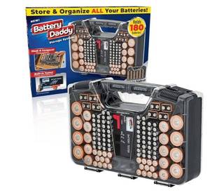 lot 57500 image: Battery Daddy Storage & Organizer Case wTester, Stores & Protects Up to 180 Batteries, Double-Sided, Clear Locking Lid, Secure Latches & Portable Carrying Handle - Retail $25