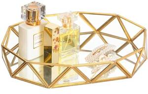 lot 57501 image: Gold Glass Perfume Tray Mirror Vanity Jewelry Trinket Organizer Ornate Cosmetic Makeup Display Decorative Tray for Bathroom Home Decor Dresser Tabletop Countertop 11 x 8.26 x 1.96inch - Retail $27