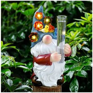lot 57502 image: Resin Gnome Solar Rain Gauges, Resin Garden Gnome Statue with a Plastic Rain Gauge, Hand Painted Gnome Sculpture Water Gauge for Rain MISSING RAIN GAUGE. - Retail $22