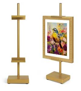 lot 57510 image: Adjustable Tabletop Easel Stand, Picture Easels for Display Up to 17 H, Gold Metal Picture Frame Holder Stand Table for Art, Photo (1 Pack) - Retail $30