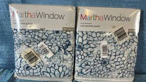 lot 2027 image: Martha Window Mum Blossoms Rod Pocket Panel 50x95 Qty 2 Panels Color Federal Blue.
