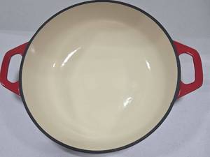 lot 330 image: Cast Iron Enameled Dutch Oven with Red Exterior and Cream Interior