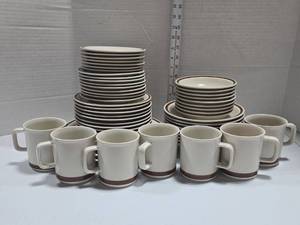 lot 346 image: The Woodhaven Collection Stoneware Dinnerware with Brown Stripe.  Not complete, Lot 347 Matches
