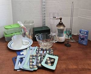 lot 386 image: Vintage crystal dish, Hamburger-ketchup-mustard pen, magnetic picture frames and more