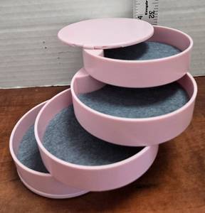 lot 396 image: Pink Plastic Jewelry Storage Box with Multiple Compartments. Great for Travel.