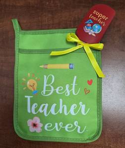 lot 406 image: Best Teacher Ever Green Pot Holder with Super Teacher Spatula Set