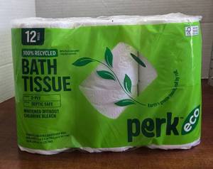 lot 410 image: Perk Eco Recycled Toilet Paper, 2-ply, White, 240 SheetsRoll, 12 Rolls