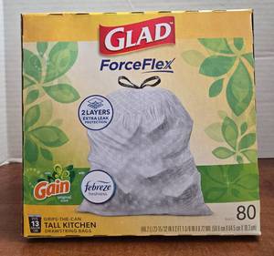 lot 411 image: Glad ForceFlex Tall Kitchen Trash Bags  13 Gallon  80 Bags (Gain Original Scent  Febreze Freshness)