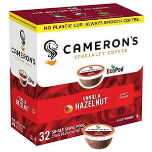 lot 436 image: Camerons Coffee Single Serve Pods  Flavored  Vanilla Hazelnut  32 Count Open box.  All 32 are present.  Best date 090435