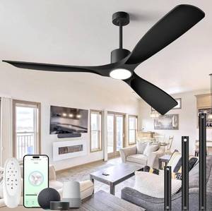 lot 9042 image: Modern Smart Ceiling Fan with Light and Remote Control, 60 inch Black 3 Blade for Bedroom, Living Room and Patios
