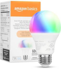 lot 9049 image: Amazon Basics Smart A19 LED Light Bulb, Color Changing, 9W (60W Equivalent), 800LM, Works with Alexa Only, WiFi 2.4 GHz, No Hub Required, Mood Lighting, Energy Efficient, 1-Pack