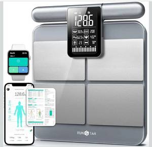 lot 9063 image: RunStar 8-Electrode Scale for Body Weight, Accurate Body Composition Scale with BMI Body Fat Muscle Mass 28 Metrics, Rechargeable Body Analyzer with Large Screen Handle, 400lb, Silver